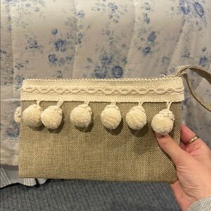 Elegant Tan Clutch with Pom Pom Accents brand new never used